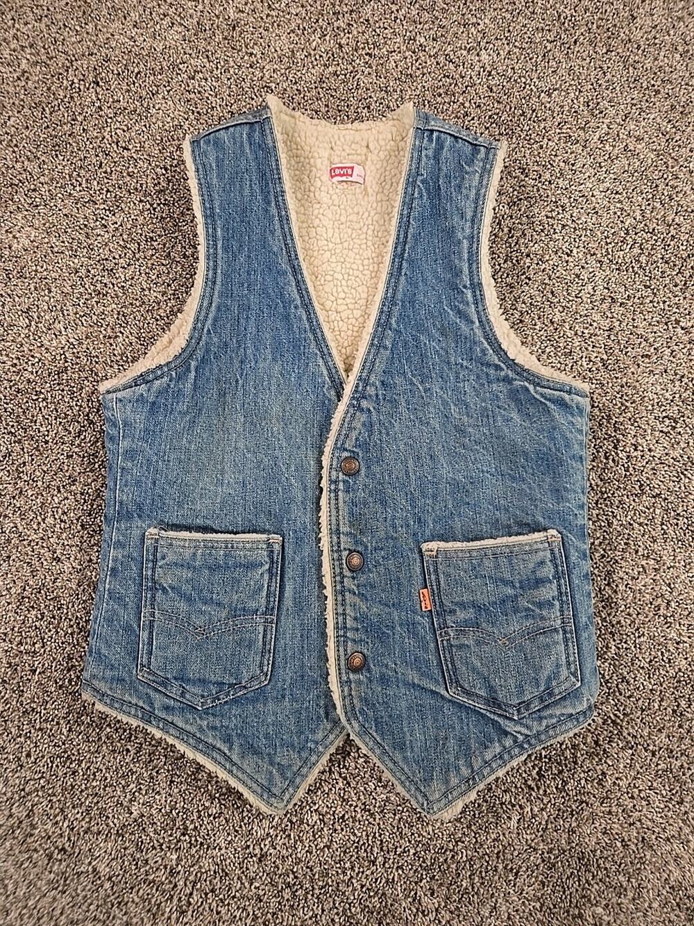Levi's Vtg 80s Orange Tab Sherpa Lined Denim Vest Mens Sz Small Western USA Made